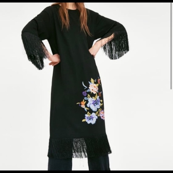 ZARA EMBROIDERED FRINGED MIDI DRESS - STUNNING! - Picture 2 of 12